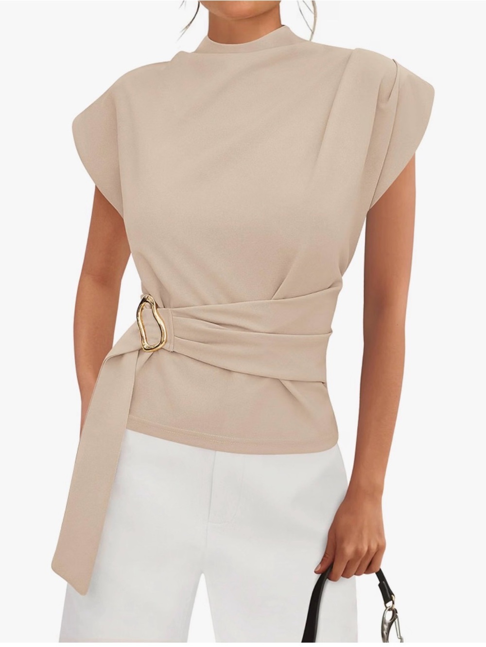 Women's Sleeveless Mock Neck Wrap Belt Top - Beige